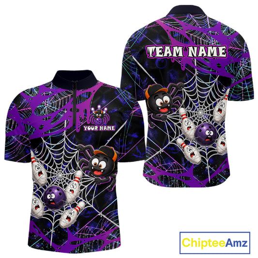 Custom purple funny spider bowling quarter-zip shirt, front and back views, bowling league jersey for men