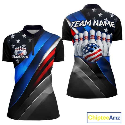 Custom American Flag bowling quarter-zip shirt, front and back views, bowling league jersey for women
