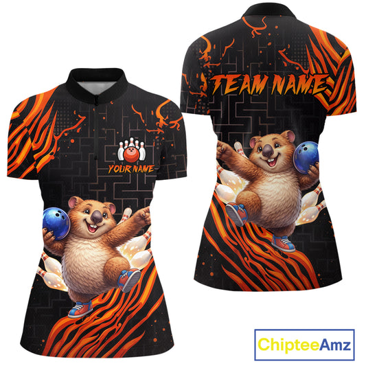 Orange Funny Wombat Bowling Shirt for Women Custom Bowling Jersey Polo & Quarter-Zip Bowling Outfit QZT923