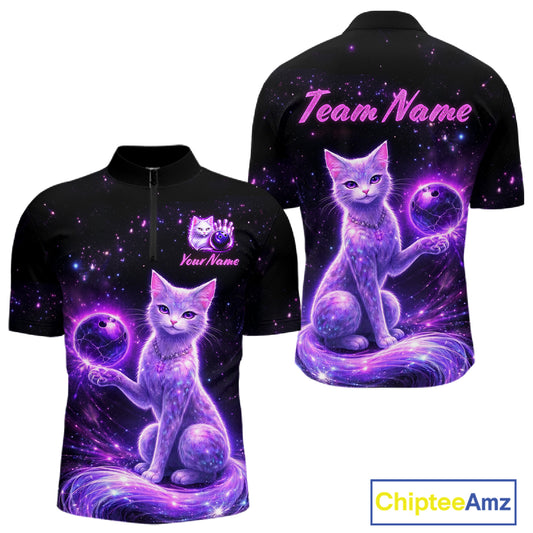 Cat Aurora Galaxy Bowling Shirt for Men Custom Neon Glow Bowling Jersey Polo & Quarter-Zip QZT968
