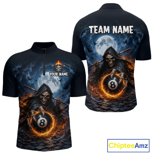 A black short-sleeve quarter-zip shirt shown from the front and back, featuring a large graphic print of a grim reaper holding an 8-ball with flames, a full moon, bats, and the text 'TEAM NAME' and 'YOUR NAME'.