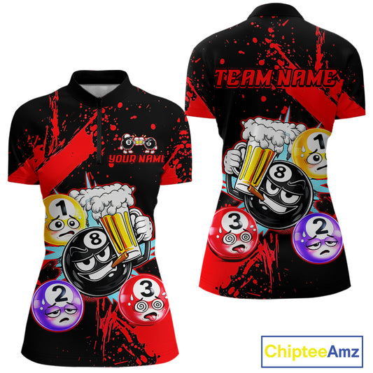 Custom Red Funny 8 Ball Pool Billiard Team Shirts for Women Billiard League Jersey Polo &1/4 Zip BHT2