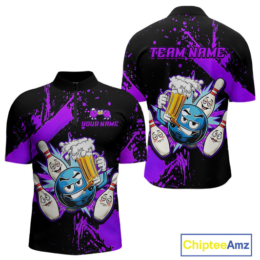 Custom Purple Funny Beer Bowling Shirt for Men Bowling League Jersey Polo 1/4 Zip Bowling Outfit QZT822