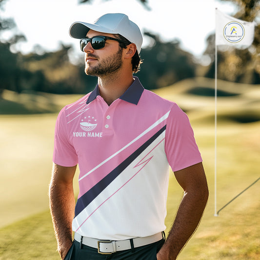 Mens Golf Polo Shirt Custom Blue And Pink Golf Shirt, White Team Golf Shirts Personalized NHN0075