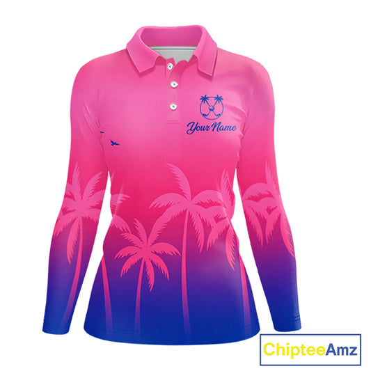 Womens Long Sleeve Golf Polo Shirt Custom Pink Blue Palm Pattern Team Ladies Golf Tops, Golf Gifts NHN0172