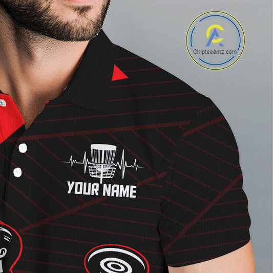 Mens Disc Golf Polo Shirt Custom Name Black And Red Disc Golf Basket Golf Shirts Personalized NHN0030