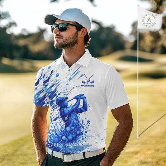 Golf Polo Shirts, Mens Golf Polo Shirts Blue Painting Golfer Custom Name Team Golf Shirt, Golf Gifts NHN0090
