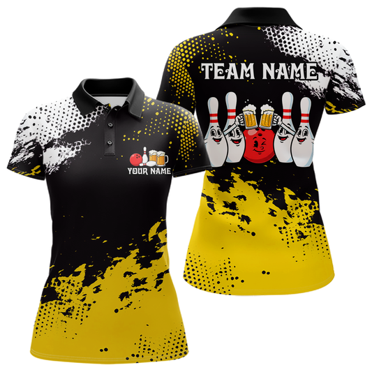 Yellow Funny Beer Bowling Shirts for Team Women Men Bowling Polo&1/4 Zip Bowl League MBL254
