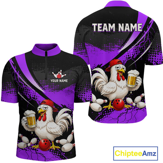 Front and back views of a purple and black bowling quarter zip featuring a cartoon chicken holding a beer mug, red bowling ball, scattered pins, and custom team text
