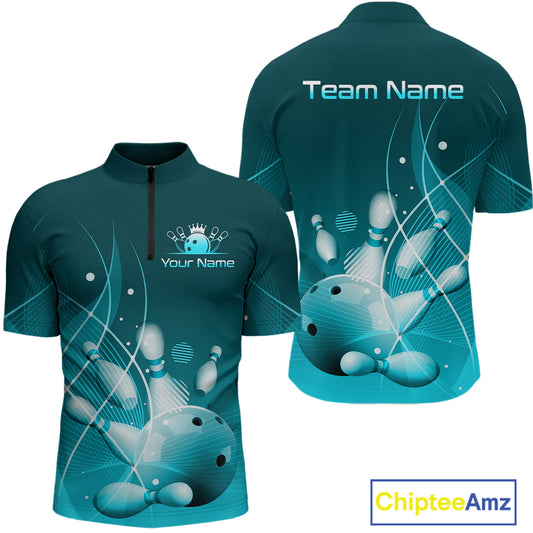 Custom Turquoise Bowling Jersey for Men Bowling Uniform Bowling Team Shirts Polo & 1/4 Zip HNT168