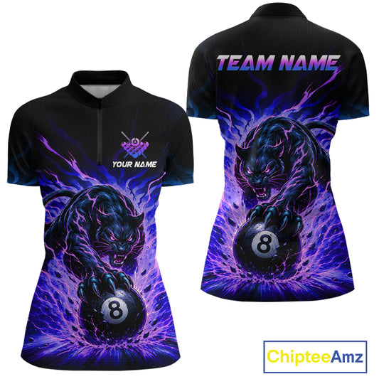 Black panther holding a pool ball with 'Team Name' and 'Your Name' text on a black shirt with purple flames.