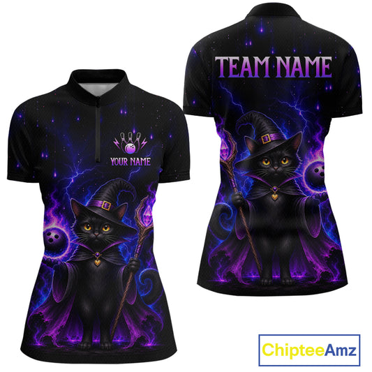 Front and back views of a women's short-sleeve polo shirt with an all-over graphic print of a black witch cat surrounded by purple and blue lightning effects. The front features a mock neck, customizable text 'YOUR NAME' and 'TEAM NAME' on the chest.