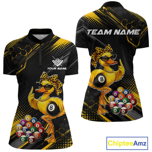 Front and back billiards quarter zip shirt featuring a duck holding an eight ball with pool balls arranged across a black yellow background.