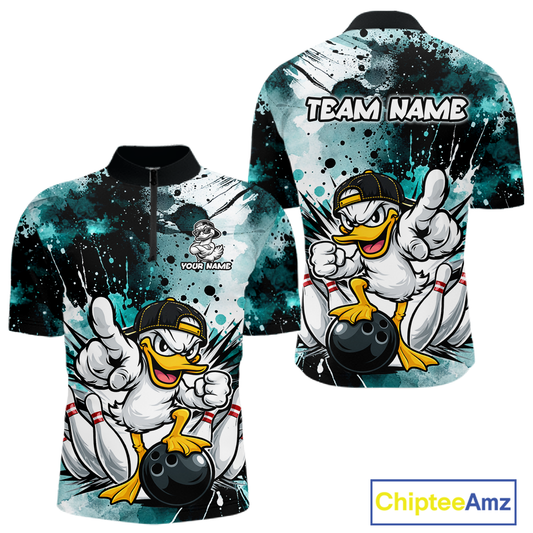 Custom Watercolor Teal Duck Bowling Jersey for Men Bowling Team Shirts Polo & 1/4 Zip HNT239