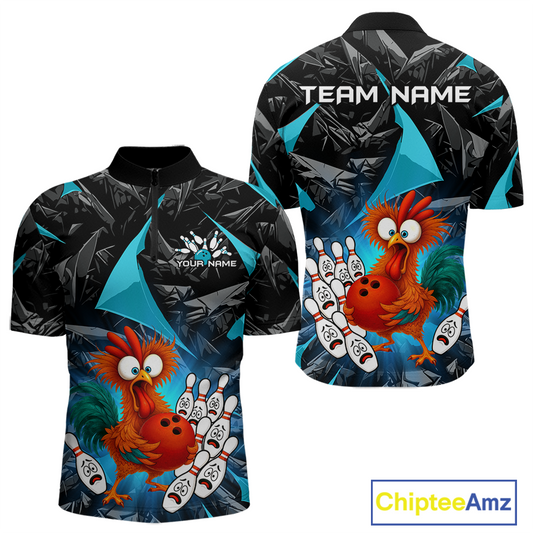Custom Turquoise Funny Chicken Bowling Jersey for Men Bowling Team Shirts Polo & 1/4 Zip HNT138
