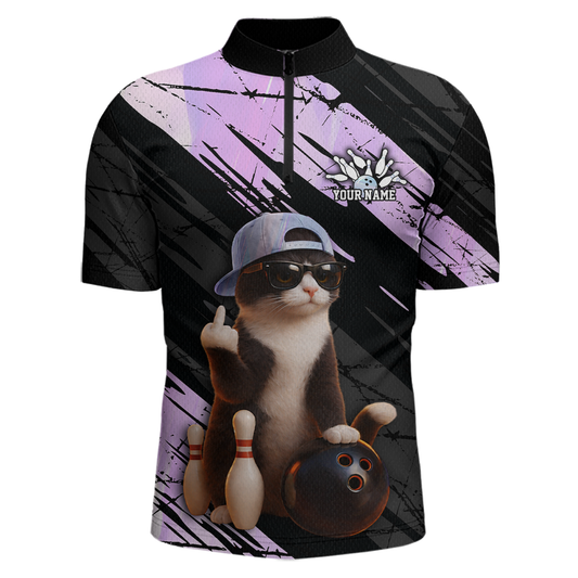 Custom Funny Cat Holographic Bowling Jersey for Men Bowling Polo & 1/4 Zip Bowling Team Shirts HNT198