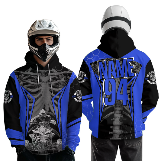 Personalized Blue Atv Racing Hoodie Custom Name & Number Quad Bike Rider Motocross Shirt For Men Women NHN002