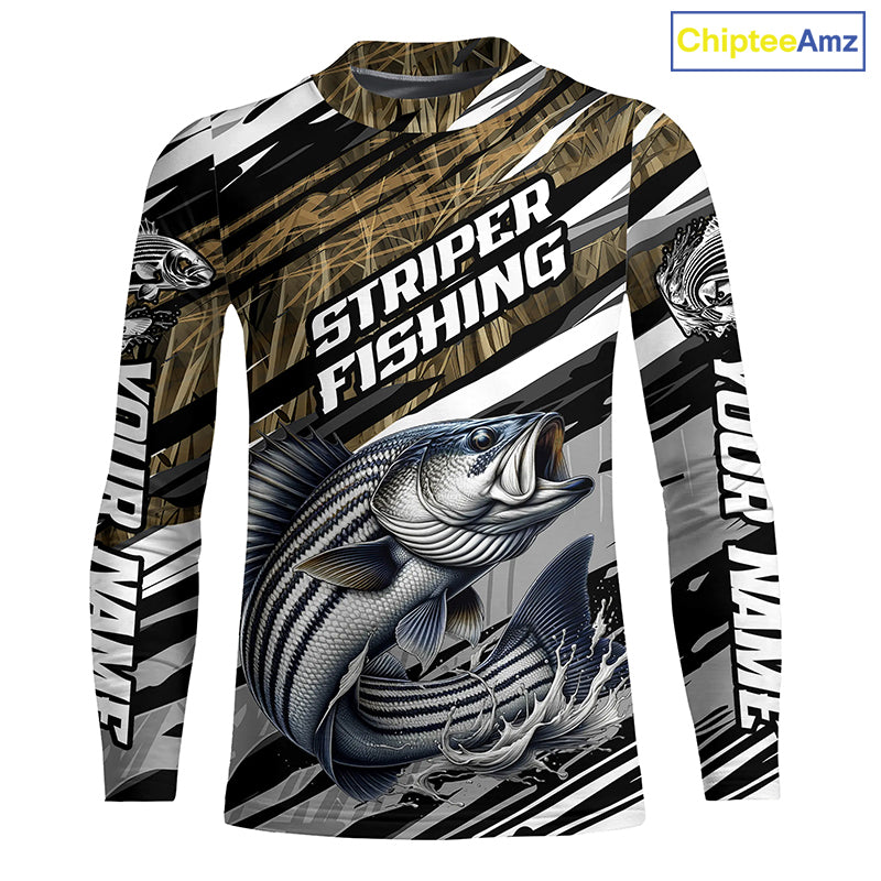 Striped Bass Fishing Camo Long Sleeve Fishing Shirts, Custom Striper Tournament Fishing Jerseys IPHW5954