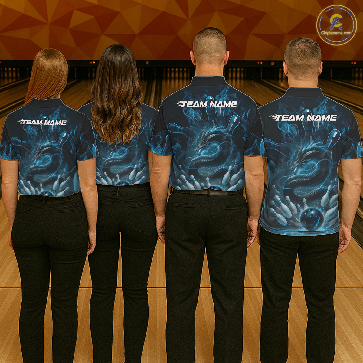 Custom Blue Flame Dragon Bowling Men Polo Shirts, Dragon Bowling League Shirt IPHW10224