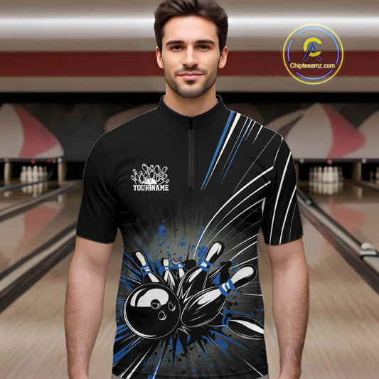 Custom Black And Blue Grunge Bowling Team Jerseys, Men Bowling Quarter-Zip Shirts IPHW9621