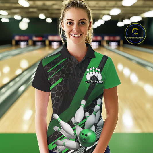 Custom Black And Green Bowling Team Jerseys, Striking Bowling League Polo Shirt For Women IPHW9808