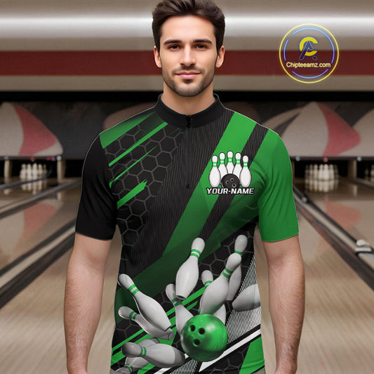 Custom Black And Green Bowling Team Jerseys, Striking Bowling League Quarter-Zip Shirt For Men IPHW9808