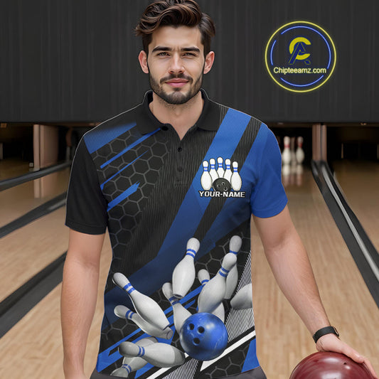 Custom Black And Blue Bowling Team Jerseys, Striking Bowling League Polo Shirt For Men IPHW9811