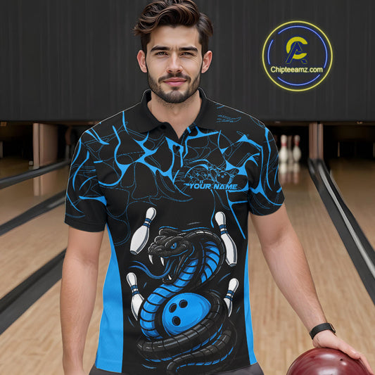 Custom Black And Blue Cobra Snake Bowling Jerseys, Bowling Team Men Polo Shirts IPHW9814
