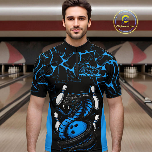Custom Black And Blue Cobra Snake Bowling Jerseys, Bowling Team Men Quarter-Zip Shirts IPHW9814