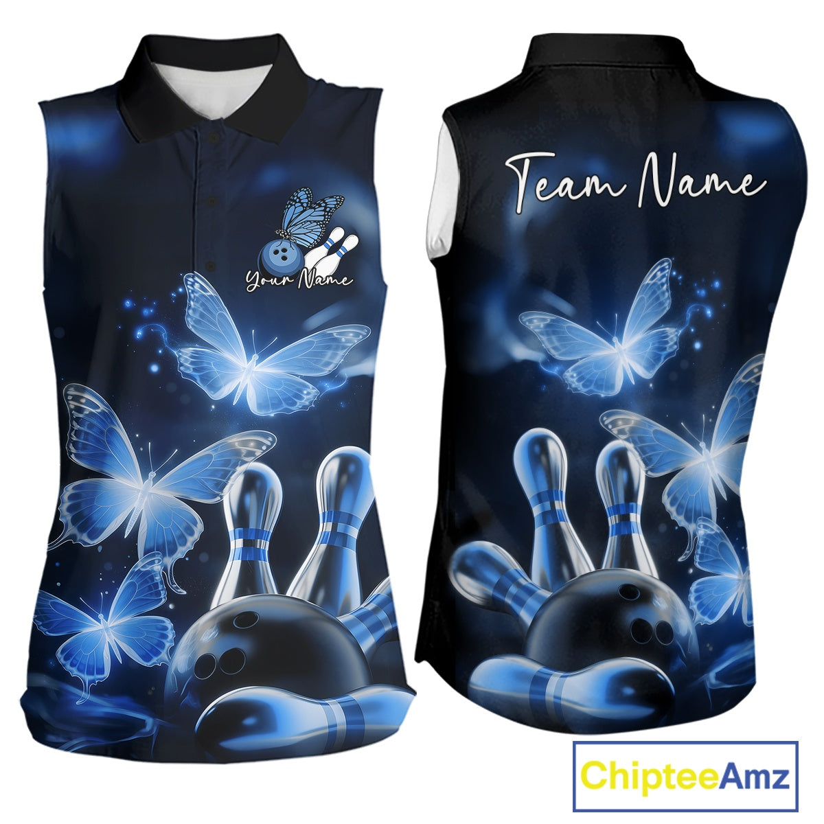 Custom Blue Butterfly Bowling Sleeveless Polo Shirts Women, Bowling Team Shirt With Butterflies IPHW10701