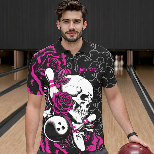 Custom Pink Roses And Skull Bowling Polo Shirts For Men, Team Bowling League Shirt IPHW8843