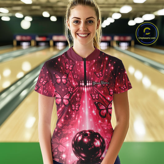 Custom Red Galaxy Bowling Lane Butterfly Bowling Team Women Quarter-Zip Shirt IPHW10916