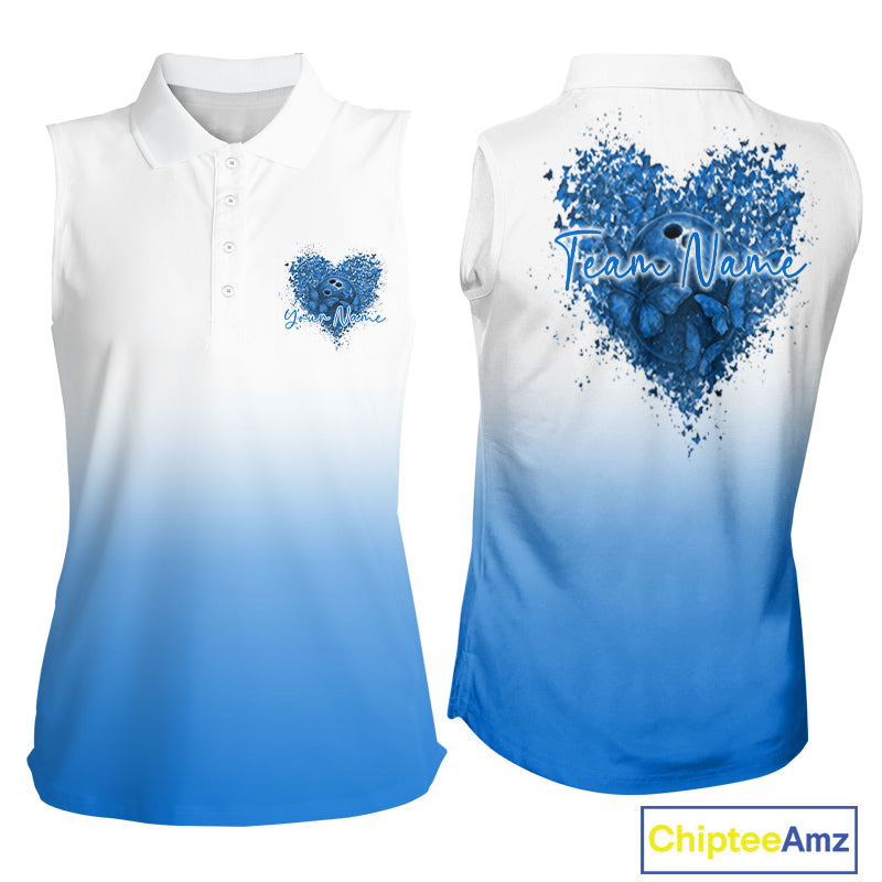 Custom Blue Butterflies Heart Bowling Team Women Sleeveless Shirts, Ladies Bowling League Shirt IPHW10236