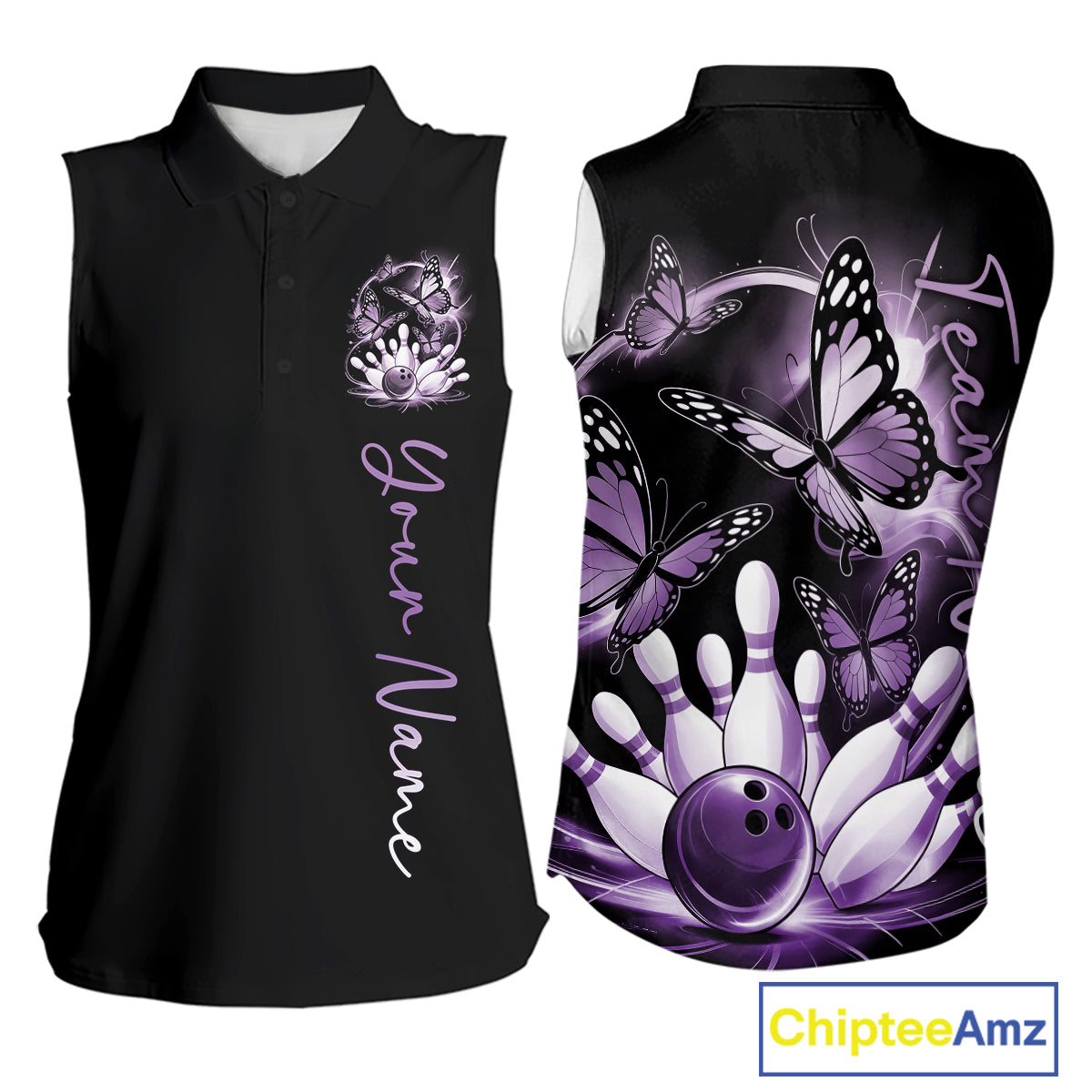 Custom Blue Butterfly Bowling Women Sleeveless Polo Shirts With Team Name, Bowling Uniform IPHW10947