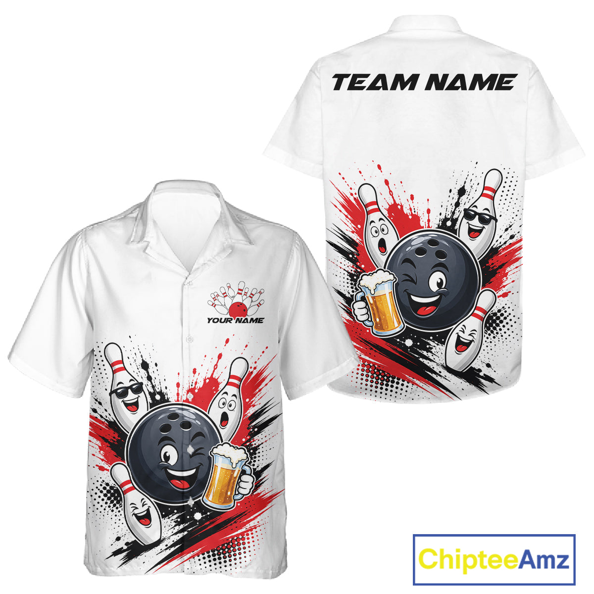 Custom White And Red Funny Beer Bowling Men And Women Button Up Shirt, Beer Drinking Party Bowling IPHW11850