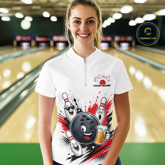 Custom Red Funny Beer Bowling Women Quarter-Zip Shirt, Beer Drinking Party Bowling IPHW11850