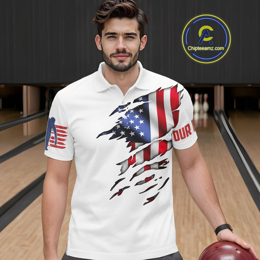 Polo shirt Custom Mens Bowling Shirts, Customizable American Flag Bowling Pin Polo Shirt For Team IPHW3809