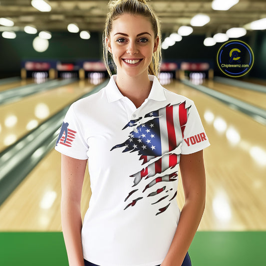 Custom Women's Bowling Shirts, Customizable American Flag Bowling Pin Polo Shirt For Team IPHW3809