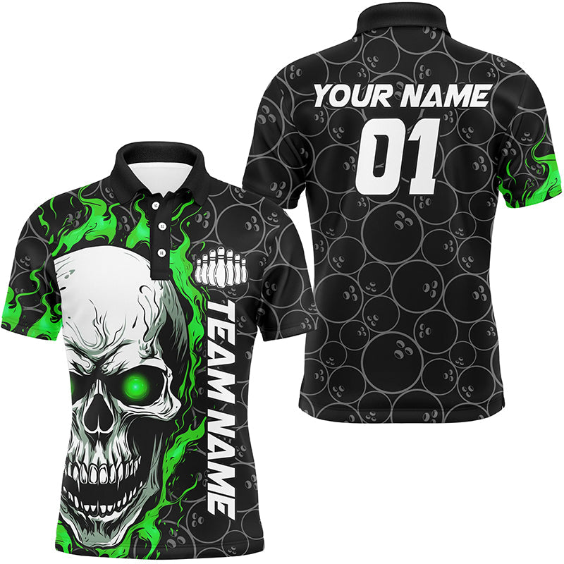 Custom Green Flame Skull Halloween Bowling Shirts For Men With Custom Name, Team Name, Number IPHW7102