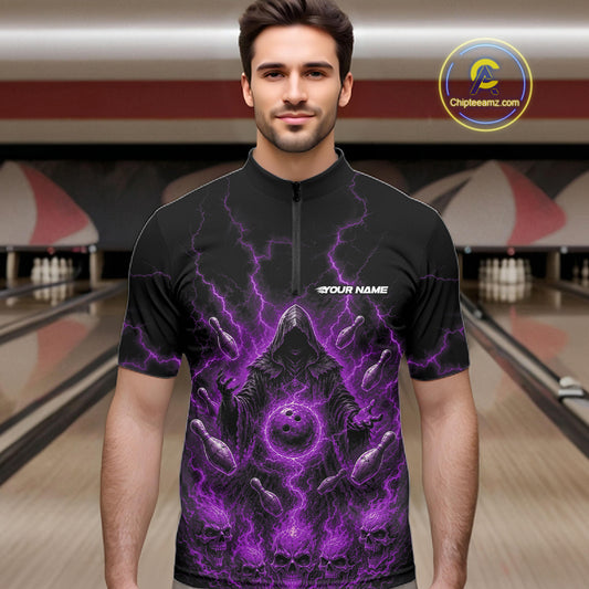 Custom Purple Lightning Halloween Grim Reaper Bowling Men Quarter Zip Shirt, Dark Magic Outfit IPHW11882