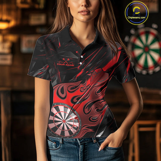 Custom Black And Red Flame Dartboard Dart Polo Shirts For Women, Dart Players Outfits IPHW9688
