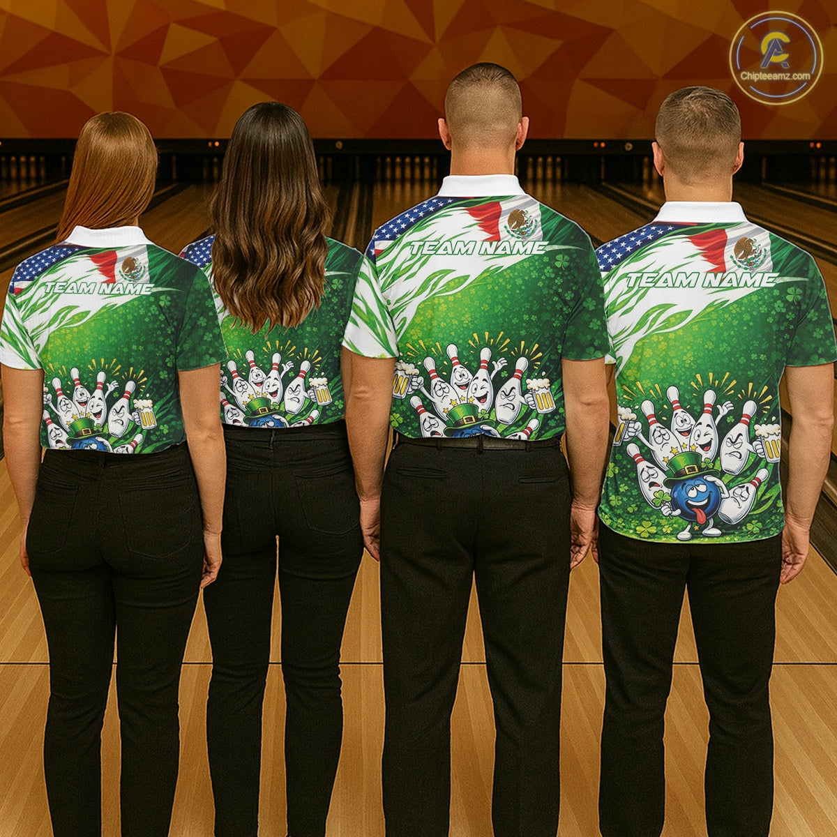 Custom Funny St Patricks Day Bowling Team Shirt, Mexican American Flag Shamrock Theme Bowling Jerseys IPHW10447