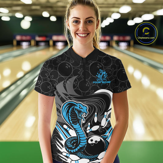Custom Black And Blue Cobra Snake Bowling Women Quarter-Zip Shirts, Bowling Team Shirt IPHW9702