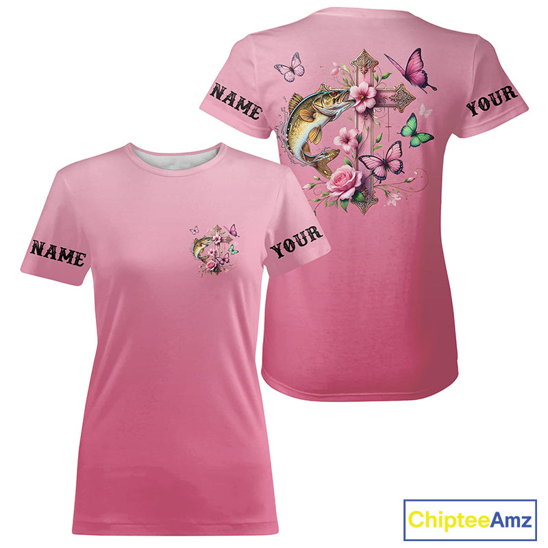 Pink Flower And Butterflies Custom Faith Walleye Fishing T-Shirts For Women IPHW8183