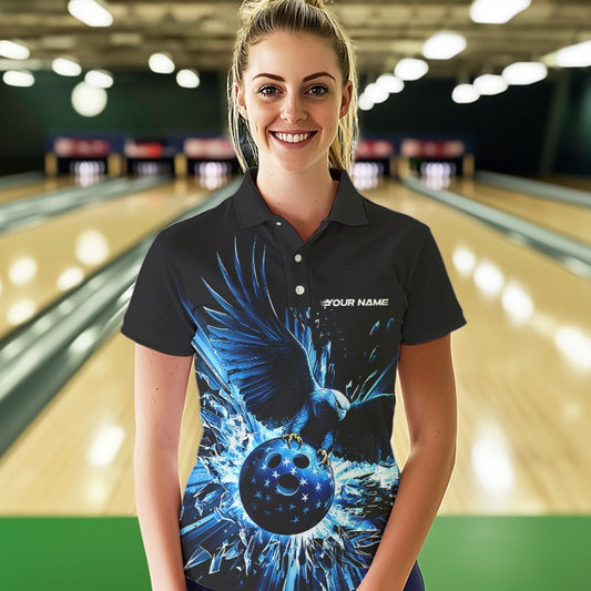 Black And Blue Eagle Break Glass Custom Bowling Polo Shirts For Women, Bowling Team Shirt IPHW8398