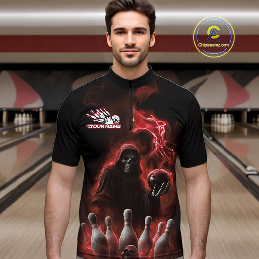 Custom Red Flame Grim Reaper Bowling Men Quarter-Zip Shirts, Skull Halloween Bowler Outfit IPHW9735