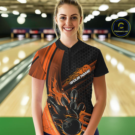 Custom Black And Orange Flame Bowling Jerseys, Bowling Team Quarter-Zip Shirts For Women IPHW9887