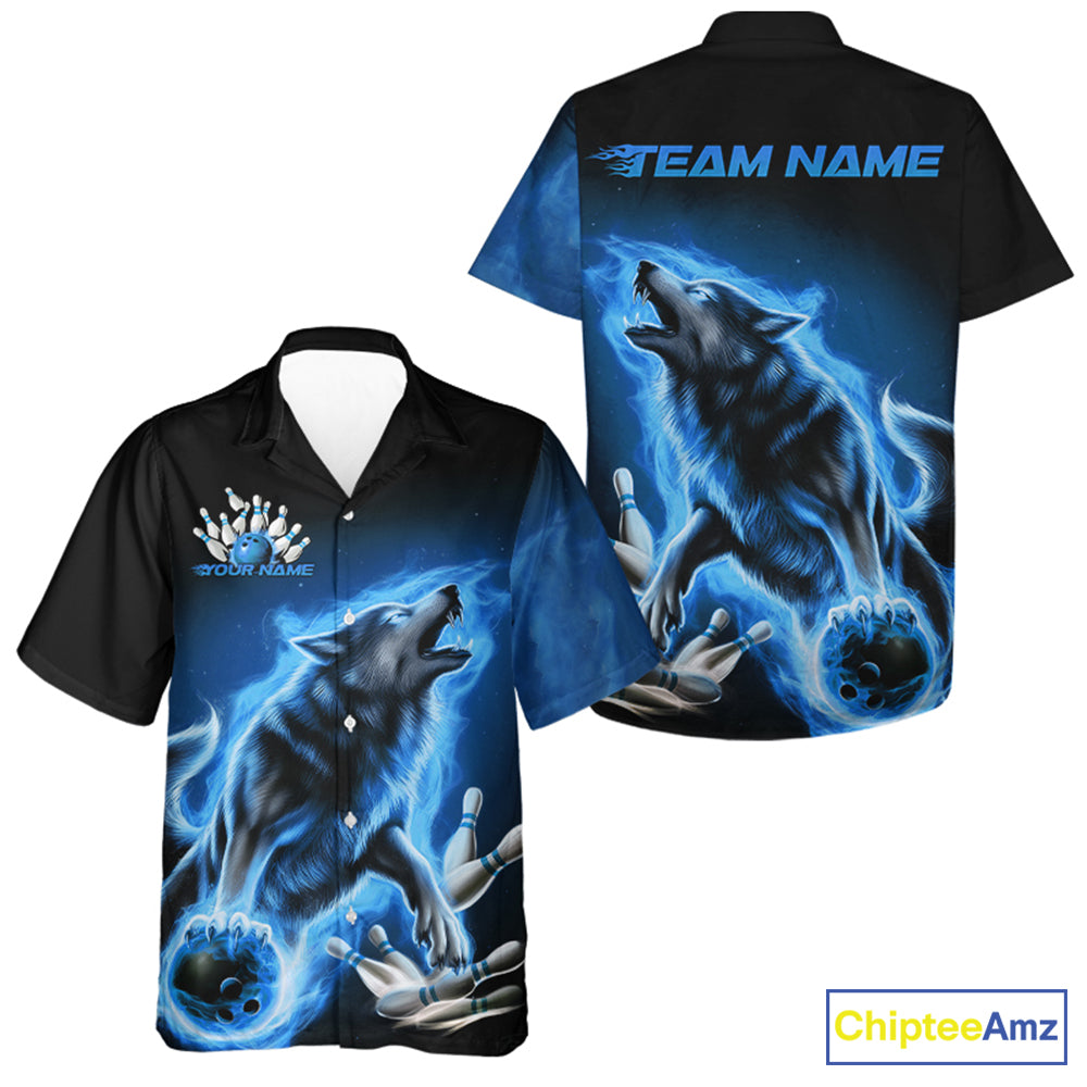 Custom Blue Fire Flaming Wolf Bowling Hawaiian Shirts For Men And Women, Wolf Bowling Tournament Shirt IPHW8429