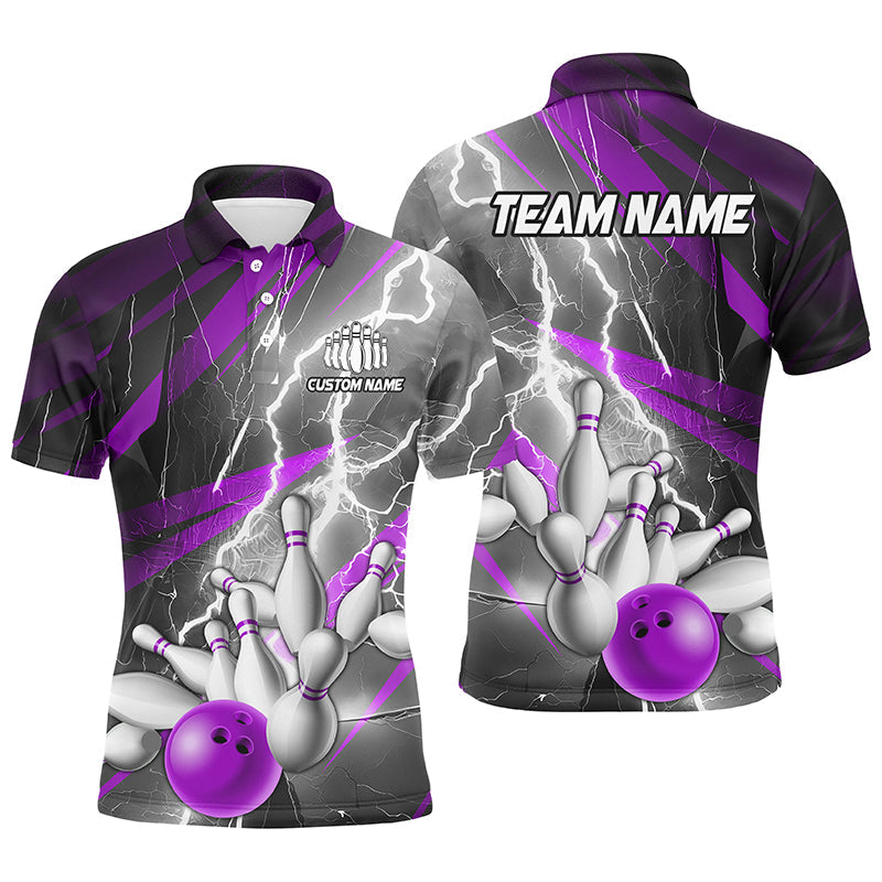 Purple Lightning Strike Custom Bowling Polo Shirts For Men, Team Bowling Shirts Bowler Outfit IPHW6855
