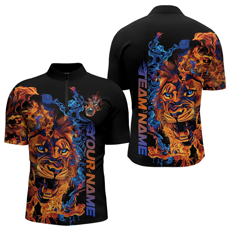 Blue And Orange Fire Custom Lion Bowling Quarter-Zip Shirts For Men, Flame Bowling Team Shirt IPHW8227